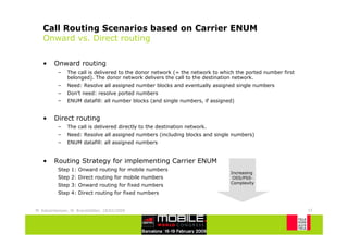 Call Routing Scenarios based on Carrier ENUM
   Onward vs. Direct routing


   •     Onward routing
           –   The call is delivered to the donor network (= the network to which the ported number first
               belonged). The donor network delivers the call to the destination network.
           –   Need: Resolve all assigned number blocks and eventually assigned single numbers
           –   Don’t need: resolve ported numbers
           –   ENUM datafill: all number blocks (and single numbers, if assigned)


   •     Direct routing
           –   The call is delivered directly to the destination network.
           –   Need: Resolve all assigned numbers (including blocks and single numbers)
           –   ENUM datafill: all assigned numbers


   •     Routing Strategy for implementing Carrier ENUM
           Step 1: Onward routing for mobile numbers
                                                                               Increasing
           Step 2: Direct routing for mobile numbers                            OSS/PSS-
                                                                               Complexity
           Step 3: Onward routing for fixed numbers
           Step 4: Direct routing for fixed numbers


M. Katzenbeisser, W. Brandstätter, 18/02/2009                                                               15
 