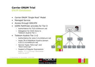 Carrier ENUM Trial
   ENUM Databases


   •     Carrier ENUM "Single Root" Model
   •     Managed Service
   •     Access through GRX/IPX
   •     GSMA Pathfinder provides for Tier 0
           – Authoritative for TLD e164enum.net
                                                                                  Tier 0
           – Delegation for CC43 Zone to
             Telekom Austria Tier 1
   •     Telekom Austria Tier 1+2
           – Authoritative for zone 3.4.e164enum.net
                                                                Tier 1            Tier 1              Tier 1
           – Hosts TN of Mobilkom Austria domain
             4.6.6.3.4.e164enum.net
           – Service Types "E2U+sip" and
             "E2U+voice:sip"                           Tier 2   Tier 2   Tier 2   Tier 2   Tier 2   Tier 2   Tier 2

           – Support of Regular Expressions
               Regex: "!^(.*)$!sip:1@telekom-
               austria.grx!"


M. Katzenbeisser, W. Brandstätter, 18/02/2009                                                                         9
 