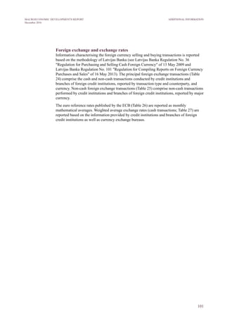 Foreign exchange and exchange rates
Information characterising the foreign currency selling and buying transactions is reported
based on the methodology of Latvijas Banka (see Latvijas Banka Regulation No. 36
"Regulation for Purchasing and Selling Cash Foreign Currency" of 13 May 2009 and
Latvijas Banka Regulation No. 101 "Regulation for Compiling Reports on Foreign Currency
Purchases and Sales" of 16 May 2013). The principal foreign exchange transactions (Table
24) comprise the cash and non-cash transactions conducted by credit institutions and
branches of foreign credit institutions, reported by transaction type and counterparty, and
currency. Non-cash foreign exchange transactions (Table 25) comprise non-cash transactions
performed by credit institutions and branches of foreign credit institutions, reported by major
currency.
The euro reference rates published by the ECB (Table 26) are reported as monthly
mathematical averages. Weighted average exchange rates (cash transactions; Table 27) are
reported based on the information provided by credit institutions and branches of foreign
credit institutions as well as currency exchange bureaus.
101
ADDITIONAL INFORMATIONMACROECONOMIC DEVELOPMENTS REPORT
December 2016
 