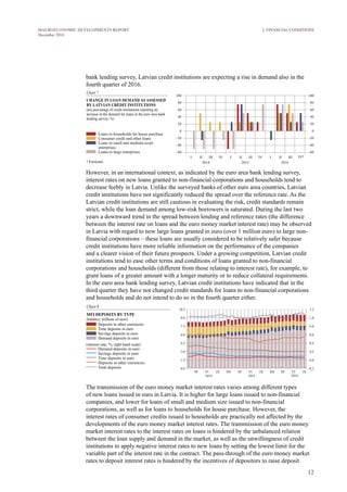 12
MACROECONOMIC DEVELOPMENTS REPORT
December 2016
bank lending survey, Latvian credit institutions are expecting a rise in demand also in the
fourth quarter of 2016.
However, in an international context, as indicated by the euro area bank lending survey,
interest rates on new loans granted to non-financial corporations and households tend to
decrease feebly in Latvia. Unlike the surveyed banks of other euro area countries, Latvian
credit institutions have not significantly reduced the spread over the reference rate. As the
Latvian credit institutions are still cautious in evaluating the risk, credit standards remain
strict, while the loan demand among low-risk borrowers is saturated. During the last two
years a downward trend in the spread between lending and reference rates (the difference
between the interest rate on loans and the euro money market interest rate) may be observed
in Latvia with regard to new large loans granted in euro (over 1 million euro) to large non-
financial corporations – these loans are usually considered to be relatively safer because
credit institutions have more reliable information on the performance of the companies
and a clearer vision of their future prospects. Under a growing competition, Latvian credit
institutions tend to ease other terms and conditions of loans granted to non-financial
corporations and households (different from those relating to interest rate), for example, to
grant loans of a greater amount with a longer maturity or to reduce collateral requirements.
In the euro area bank lending survey, Latvian credit institutions have indicated that in the
third quarter they have not changed credit standards for loans to non-financial corporations
and households and do not intend to do so in the fourth quarter either.
The transmission of the euro money market interest rates varies among different types
of new loans issued in euro in Latvia. It is higher for large loans issued to non-financial
companies, and lower for loans of small and medium size issued to non-financial
corporations, as well as for loans to households for house purchase. However, the
interest rates of consumer credits issued to households are practically not affected by the
developments of the euro money market interest rates. The transmission of the euro money
market interest rates to the interest rates on loans is hindered by the unbalanced relation
between the loan supply and demand in the market, as well as the unwillingness of credit
institutions to apply negative interest rates to new loans by setting the lowest limit for the
variable part of the interest rate in the contract. The pass-through of the euro money market
rates to deposit interest rates is hindered by the incentives of depositors to raise deposit
2. FINANCIAL CONDITIONS
 