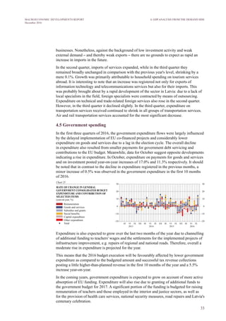 33
MACROECONOMIC DEVELOPMENTS REPORT
December 2016
Expenditure on technical and trade-related foreign services also rose in the second quarter.
However, in the third quarter it declined slightly. In the third quarter, expenditure on
transportation services received continued to shrink in all groups of transportation services.
Air and rail transportation services accounted for the most significant decrease.
4.5 Government spending
In the first three quarters of 2016, the government expenditure flows were largely influenced
by the delayed implementation of EU co-financed projects and considerably lower
expenditure on goods and services due to a lag in the election cycle. The overall decline
in expenditure also resulted from smaller payments for government debt servicing and
contributions to the EU budget. Meanwhile, data for October suggest opposite developments
indicating a rise in expenditure. In October, expenditure on payments for goods and services
and on investment posted year-on-year increases of 17.0% and 11.3% respectively. It should
be noted that in contrast to the decline in expenditure registered in the previous months, a
minor increase of 0.5% was observed in the government expenditure in the first 10 months
of 2016.
Expenditure is also expected to grow over the last two months of the year due to channelling
of additional funding to teachers' wages and the settlements for the implemented projects of
infrastructure improvement, e.g. repairs of regional and national roads. Therefore, overall a
moderate rise in expenditure is projected for the year.
This means that the 2016 budget execution will be favourably affected by lower government
expenditure as compared to the budgeted amount and successful tax revenue collections
posting a little higher-than-planned revenue in the first 10 months of the year and a 5.5%
increase year-on-year.
In the coming years, government expenditure is expected to grow on account of more active
absorption of EU funding. Expenditure will also rise due to granting of additional funds to
the government budget for 2017. A significant portion of the funding is budgeted for raising
remuneration of teachers and those employed in the interior and justice sectors, as well as
for the provision of health care services, national security measures, road repairs and Latvia's
centenary celebration.
4. GDP ANALYSIS FROM THE DEMAND SIDE
 