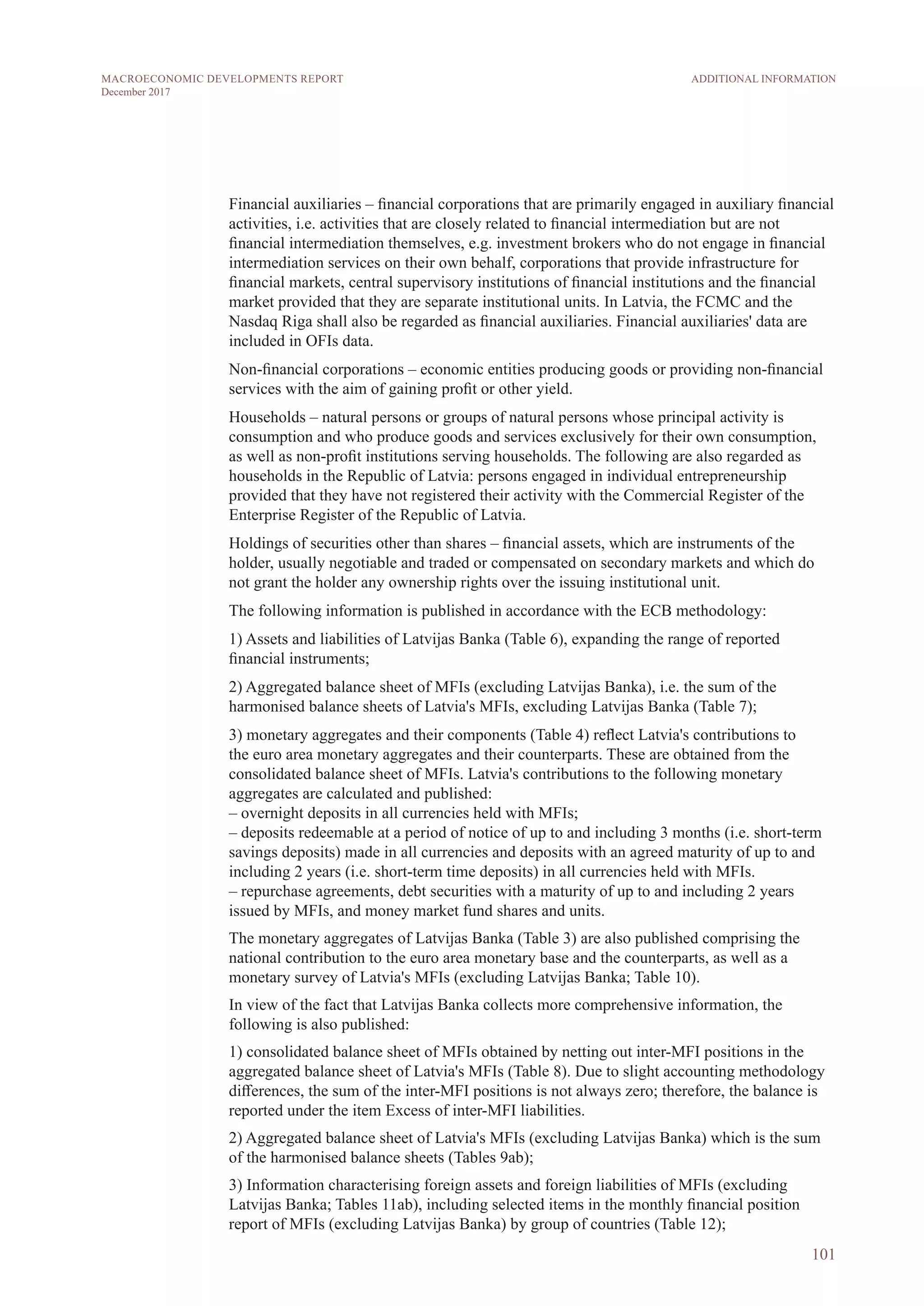 Financial auxiliaries – financial corporations that are primarily engaged in auxiliary financial
activities, i.e. activities that are closely related to financial intermediation but are not
financial intermediation themselves, e.g. investment brokers who do not engage in financial
intermediation services on their own behalf, corporations that provide infrastructure for
financial markets, central supervisory institutions of financial institutions and the financial
market provided that they are separate institutional units. In Latvia, the FCMC and the
Nasdaq Riga shall also be regarded as financial auxiliaries. Financial auxiliaries' data are
included in OFIs data.
Non-financial corporations – economic entities producing goods or providing non-financial
services with the aim of gaining profit or other yield.
Households – natural persons or groups of natural persons whose principal activity is
consumption and who produce goods and services exclusively for their own consumption,
as well as non-profit institutions serving households. The following are also regarded as
households in the Republic of Latvia: persons engaged in individual entrepreneurship
provided that they have not registered their activity with the Commercial Register of the
Enterprise Register of the Republic of Latvia.
Holdings of securities other than shares – financial assets, which are instruments of the
holder, usually negotiable and traded or compensated on secondary markets and which do
not grant the holder any ownership rights over the issuing institutional unit.
The following information is published in accordance with the ECB methodology:
1) Assets and liabilities of Latvijas Banka (Table 6), expanding the range of reported
financial instruments;
2) Aggregated balance sheet of MFIs (excluding Latvijas Banka), i.e. the sum of the
harmonised balance sheets of Latvia's MFIs, excluding Latvijas Banka (Table 7);
3) monetary aggregates and their components (Table 4) reflect Latvia's contributions to
the euro area monetary aggregates and their counterparts. These are obtained from the
consolidated balance sheet of MFIs. Latvia's contributions to the following monetary
aggregates are calculated and published:
– overnight deposits in all currencies held with MFIs;
– deposits redeemable at a period of notice of up to and including 3 months (i.e. short-term
savings deposits) made in all currencies and deposits with an agreed maturity of up to and
including 2 years (i.e. short-term time deposits) in all currencies held with MFIs.
– repurchase agreements, debt securities with a maturity of up to and including 2 years
issued by MFIs, and money market fund shares and units.
The monetary aggregates of Latvijas Banka (Table 3) are also published comprising the
national contribution to the euro area monetary base and the counterparts, as well as a
monetary survey of Latvia's MFIs (excluding Latvijas Banka; Table 10).
In view of the fact that Latvijas Banka collects more comprehensive information, the
following is also published:
1) consolidated balance sheet of MFIs obtained by netting out inter-MFI positions in the
aggregated balance sheet of Latvia's MFIs (Table 8). Due to slight accounting methodology
differences, the sum of the inter-MFI positions is not always zero; therefore, the balance is
reported under the item Excess of inter-MFI liabilities.
2) Aggregated balance sheet of Latvia's MFIs (excluding Latvijas Banka) which is the sum
of the harmonised balance sheets (Tables 9ab);
3) Information characterising foreign assets and foreign liabilities of MFIs (excluding
Latvijas Banka; Tables 11ab), including selected items in the monthly financial position
report of MFIs (excluding Latvijas Banka) by group of countries (Table 12);
101
ADDITIONAL INFORMATIONMACROECONOMIC DEVELOPMENTS REPORT
December 2017
 