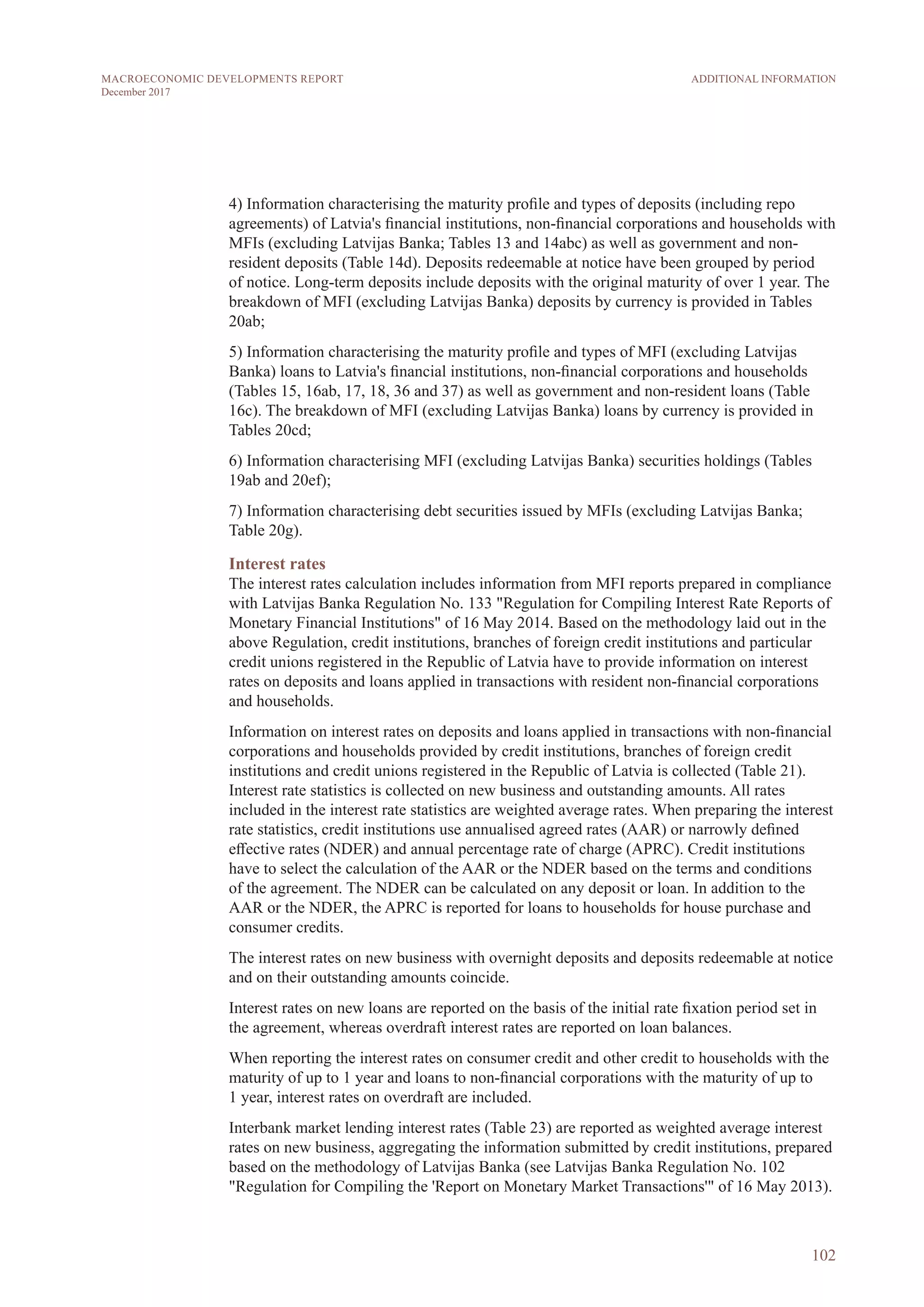 4) Information characterising the maturity profile and types of deposits (including repo
agreements) of Latvia's financial institutions, non-financial corporations and households with
MFIs (excluding Latvijas Banka; Tables 13 and 14abc) as well as government and non-
resident deposits (Table 14d). Deposits redeemable at notice have been grouped by period
of notice. Long-term deposits include deposits with the original maturity of over 1 year. The
breakdown of MFI (excluding Latvijas Banka) deposits by currency is provided in Tables
20ab;
5) Information characterising the maturity profile and types of MFI (excluding Latvijas
Banka) loans to Latvia's financial institutions, non-financial corporations and households
(Tables 15, 16ab, 17, 18, 36 and 37) as well as government and non-resident loans (Table
16c). The breakdown of MFI (excluding Latvijas Banka) loans by currency is provided in
Tables 20cd;
6) Information characterising MFI (excluding Latvijas Banka) securities holdings (Tables
19ab and 20ef);
7) Information characterising debt securities issued by MFIs (excluding Latvijas Banka;
Table 20g).
Interest rates
The interest rates calculation includes information from MFI reports prepared in compliance
with Latvijas Banka Regulation No. 133 "Regulation for Compiling Interest Rate Reports of
Monetary Financial Institutions" of 16 May 2014. Based on the methodology laid out in the
above Regulation, credit institutions, branches of foreign credit institutions and particular
credit unions registered in the Republic of Latvia have to provide information on interest
rates on deposits and loans applied in transactions with resident non-financial corporations
and households.
Information on interest rates on deposits and loans applied in transactions with non-financial
corporations and households provided by credit institutions, branches of foreign credit
institutions and credit unions registered in the Republic of Latvia is collected (Table 21).
Interest rate statistics is collected on new business and outstanding amounts. All rates
included in the interest rate statistics are weighted average rates. When preparing the interest
rate statistics, credit institutions use annualised agreed rates (AAR) or narrowly defined
effective rates (NDER) and annual percentage rate of charge (APRC). Credit institutions
have to select the calculation of the AAR or the NDER based on the terms and conditions
of the agreement. The NDER can be calculated on any deposit or loan. In addition to the
AAR or the NDER, the APRC is reported for loans to households for house purchase and
consumer credits.
The interest rates on new business with overnight deposits and deposits redeemable at notice
and on their outstanding amounts coincide.
Interest rates on new loans are reported on the basis of the initial rate fixation period set in
the agreement, whereas overdraft interest rates are reported on loan balances.
When reporting the interest rates on consumer credit and other credit to households with the
maturity of up to 1 year and loans to non-financial corporations with the maturity of up to
1 year, interest rates on overdraft are included.
Interbank market lending interest rates (Table 23) are reported as weighted average interest
rates on new business, aggregating the information submitted by credit institutions, prepared
based on the methodology of Latvijas Banka (see Latvijas Banka Regulation No. 102
"Regulation for Compiling the 'Report on Monetary Market Transactions'" of 16 May 2013).
102
ADDITIONAL INFORMATIONMACROECONOMIC DEVELOPMENTS REPORT
December 2017
 
