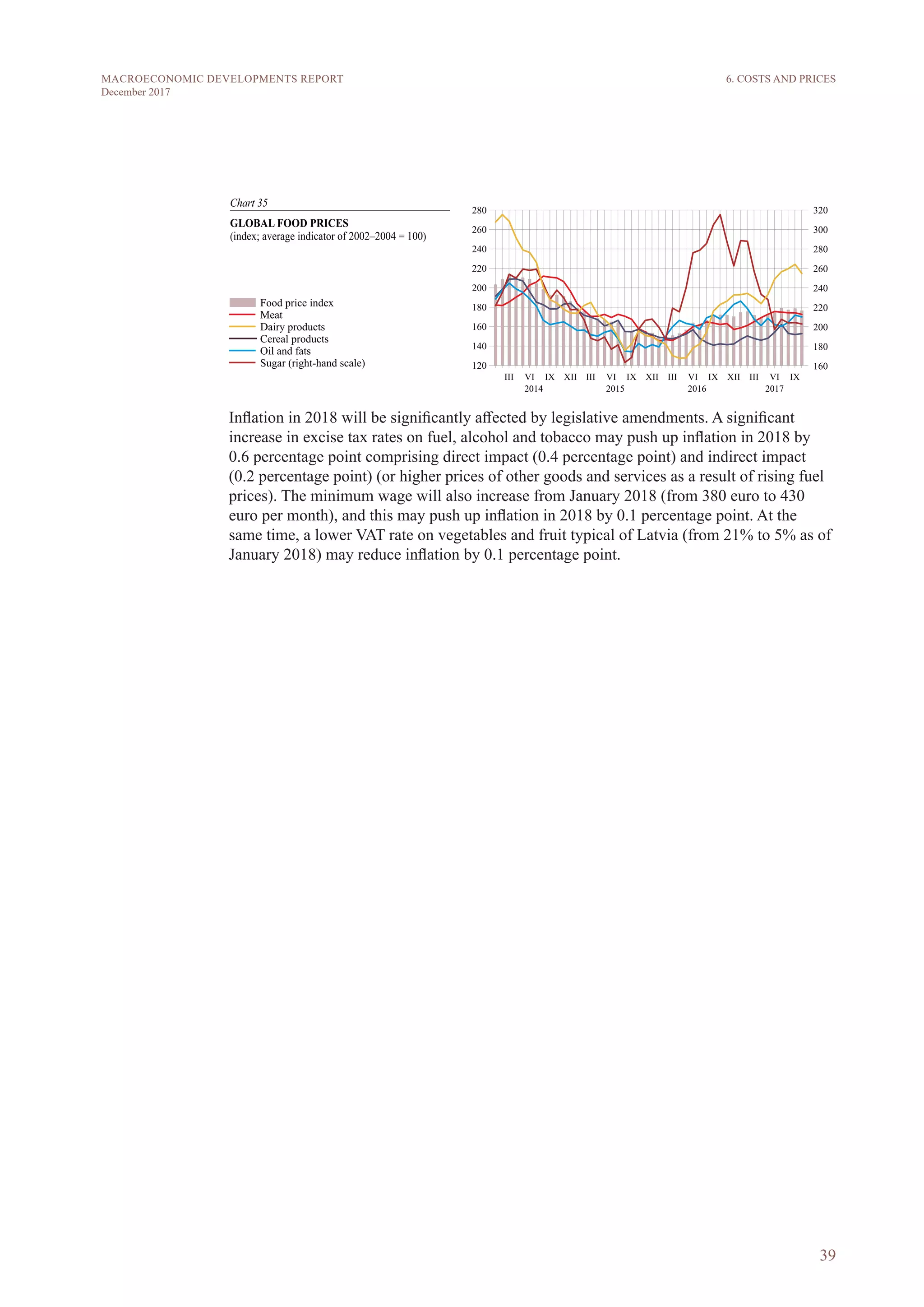39
MACROECONOMIC DEVELOPMENTS REPORT
December 2017
Inflation in 2018 will be significantly affected by legislative amendments. A significant
increase in excise tax rates on fuel, alcohol and tobacco may push up inflation in 2018 by
0.6 percentage point comprising direct impact (0.4 percentage point) and indirect impact
(0.2 percentage point) (or higher prices of other goods and services as a result of rising fuel
prices). The minimum wage will also increase from January 2018 (from 380 euro to 430
euro per month), and this may push up inflation in 2018 by 0.1 percentage point. At the
same time, a lower VAT rate on vegetables and fruit typical of Latvia (from 21% to 5% as of
January 2018) may reduce inflation by 0.1 percentage point.
6. COSTS AND PRICES
 