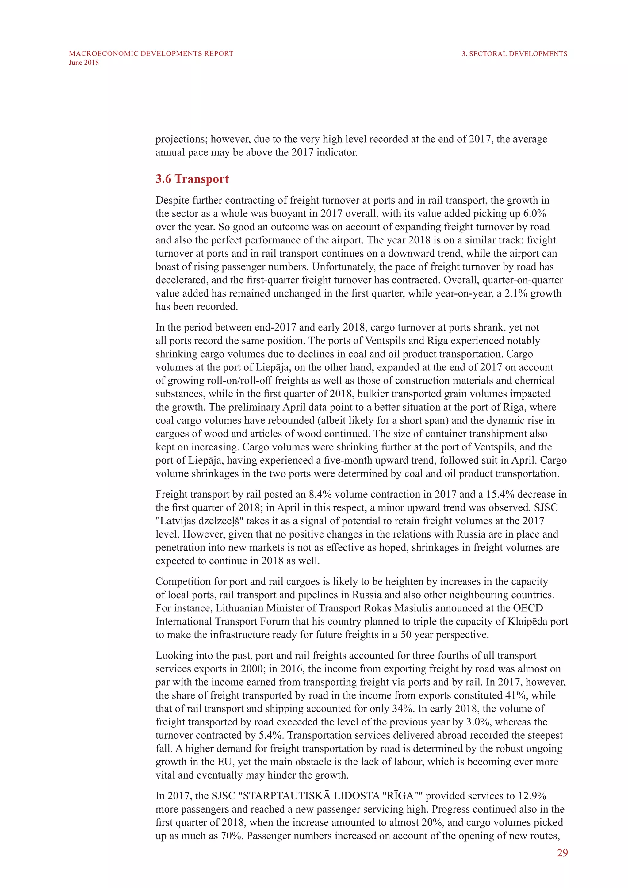 29
MACROECONOMIC DEVELOPMENTS REPORT
June 2018
projections; however, due to the very high level recorded at the end of 2017, the average
annual pace may be above the 2017 indicator.
3.6 Transport
Despite further contracting of freight turnover at ports and in rail transport, the growth in
the sector as a whole was buoyant in 2017 overall, with its value added picking up 6.0%
over the year. So good an outcome was on account of expanding freight turnover by road
and also the perfect performance of the airport. The year 2018 is on a similar track: freight
turnover at ports and in rail transport continues on a downward trend, while the airport can
boast of rising passenger numbers. Unfortunately, the pace of freight turnover by road has
decelerated, and the first-quarter freight turnover has contracted. Overall, quarter-on-quarter
value added has remained unchanged in the first quarter, while year-on-year, a 2.1% growth
has been recorded.
In the period between end-2017 and early 2018, cargo turnover at ports shrank, yet not
all ports record the same position. The ports of Ventspils and Riga experienced notably
shrinking cargo volumes due to declines in coal and oil product transportation. Cargo
volumes at the port of Liepāja, on the other hand, expanded at the end of 2017 on account
of growing roll-on/roll-off freights as well as those of construction materials and chemical
substances, while in the first quarter of 2018, bulkier transported grain volumes impacted
the growth. The preliminary April data point to a better situation at the port of Riga, where
coal cargo volumes have rebounded (albeit likely for a short span) and the dynamic rise in
cargoes of wood and articles of wood continued. The size of container transhipment also
kept on increasing. Cargo volumes were shrinking further at the port of Ventspils, and the
port of Liepāja, having experienced a five-month upward trend, followed suit in April. Cargo
volume shrinkages in the two ports were determined by coal and oil product transportation.
Freight transport by rail posted an 8.4% volume contraction in 2017 and a 15.4% decrease in
the first quarter of 2018; in April in this respect, a minor upward trend was observed. SJSC
"Latvijas dzelzceļš" takes it as a signal of potential to retain freight volumes at the 2017
level. However, given that no positive changes in the relations with Russia are in place and
penetration into new markets is not as effective as hoped, shrinkages in freight volumes are
expected to continue in 2018 as well.
Competition for port and rail cargoes is likely to be heighten by increases in the capacity
of local ports, rail transport and pipelines in Russia and also other neighbouring countries.
For instance, Lithuanian Minister of Transport Rokas Masiulis announced at the OECD
International Transport Forum that his country planned to triple the capacity of Klaipēda port
to make the infrastructure ready for future freights in a 50 year perspective.
Looking into the past, port and rail freights accounted for three fourths of all transport
services exports in 2000; in 2016, the income from exporting freight by road was almost on
par with the income earned from transporting freight via ports and by rail. In 2017, however,
the share of freight transported by road in the income from exports constituted 41%, while
that of rail transport and shipping accounted for only 34%. In early 2018, the volume of
freight transported by road exceeded the level of the previous year by 3.0%, whereas the
turnover contracted by 5.4%. Transportation services delivered abroad recorded the steepest
fall. A higher demand for freight transportation by road is determined by the robust ongoing
growth in the EU, yet the main obstacle is the lack of labour, which is becoming ever more
vital and eventually may hinder the growth.
In 2017, the SJSC "STARPTAUTISKĀ LIDOSTA "RĪGA"" provided services to 12.9%
more passengers and reached a new passenger servicing high. Progress continued also in the
first quarter of 2018, when the increase amounted to almost 20%, and cargo volumes picked
up as much as 70%. Passenger numbers increased on account of the opening of new routes,
3. SECTORAL DEVELOPMENTS
 
