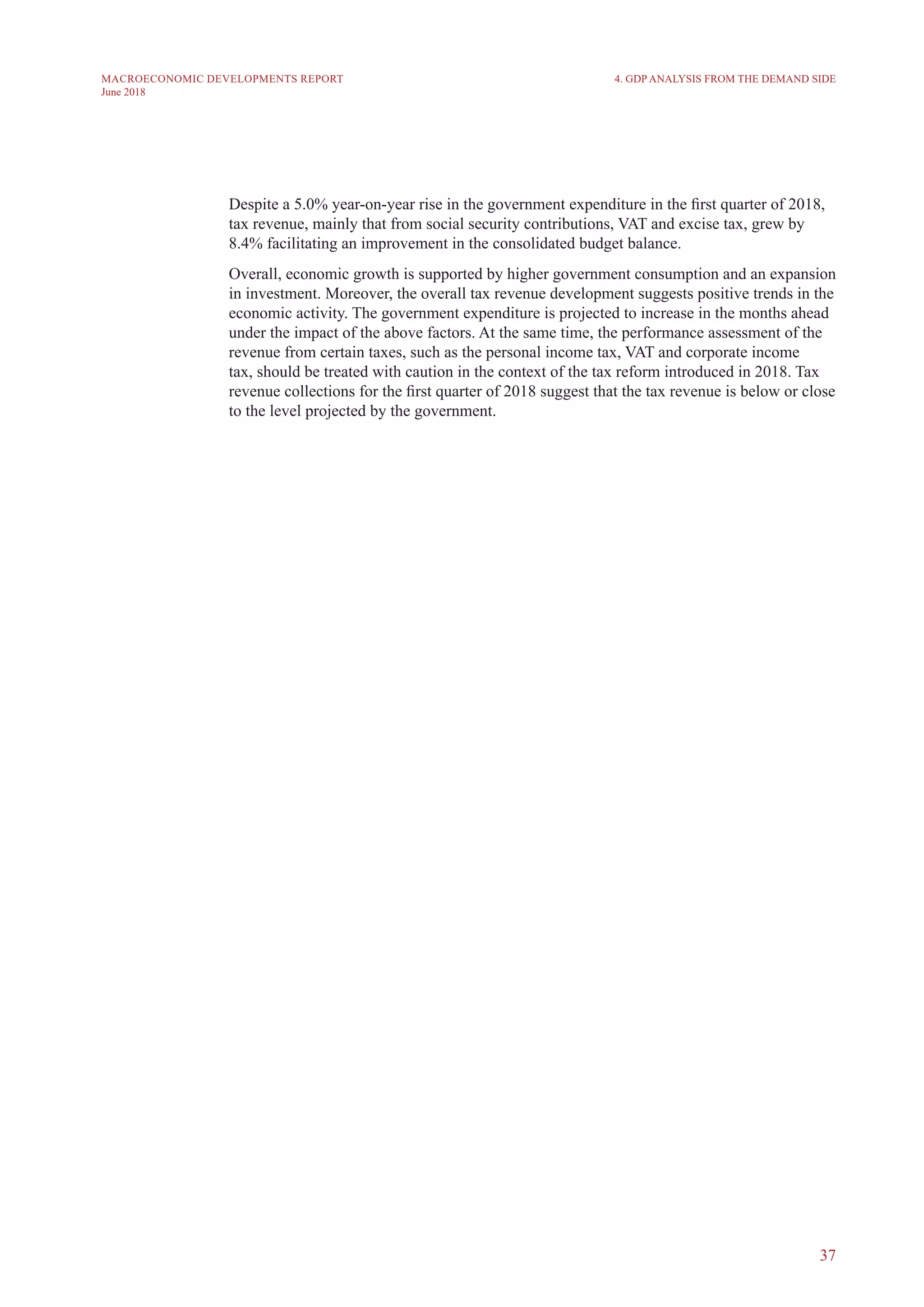 37
MACROECONOMIC DEVELOPMENTS REPORT
June 2018
Despite a 5.0% year-on-year rise in the government expenditure in the first quarter of 2018,
tax revenue, mainly that from social security contributions, VAT and excise tax, grew by
8.4% facilitating an improvement in the consolidated budget balance.
Overall, economic growth is supported by higher government consumption and an expansion
in investment. Moreover, the overall tax revenue development suggests positive trends in the
economic activity. The government expenditure is projected to increase in the months ahead
under the impact of the above factors. At the same time, the performance assessment of the
revenue from certain taxes, such as the personal income tax, VAT and corporate income
tax, should be treated with caution in the context of the tax reform introduced in 2018. Tax
revenue collections for the first quarter of 2018 suggest that the tax revenue is below or close
to the level projected by the government.
4. GDP ANALYSIS FROM THE DEMAND SIDE
 