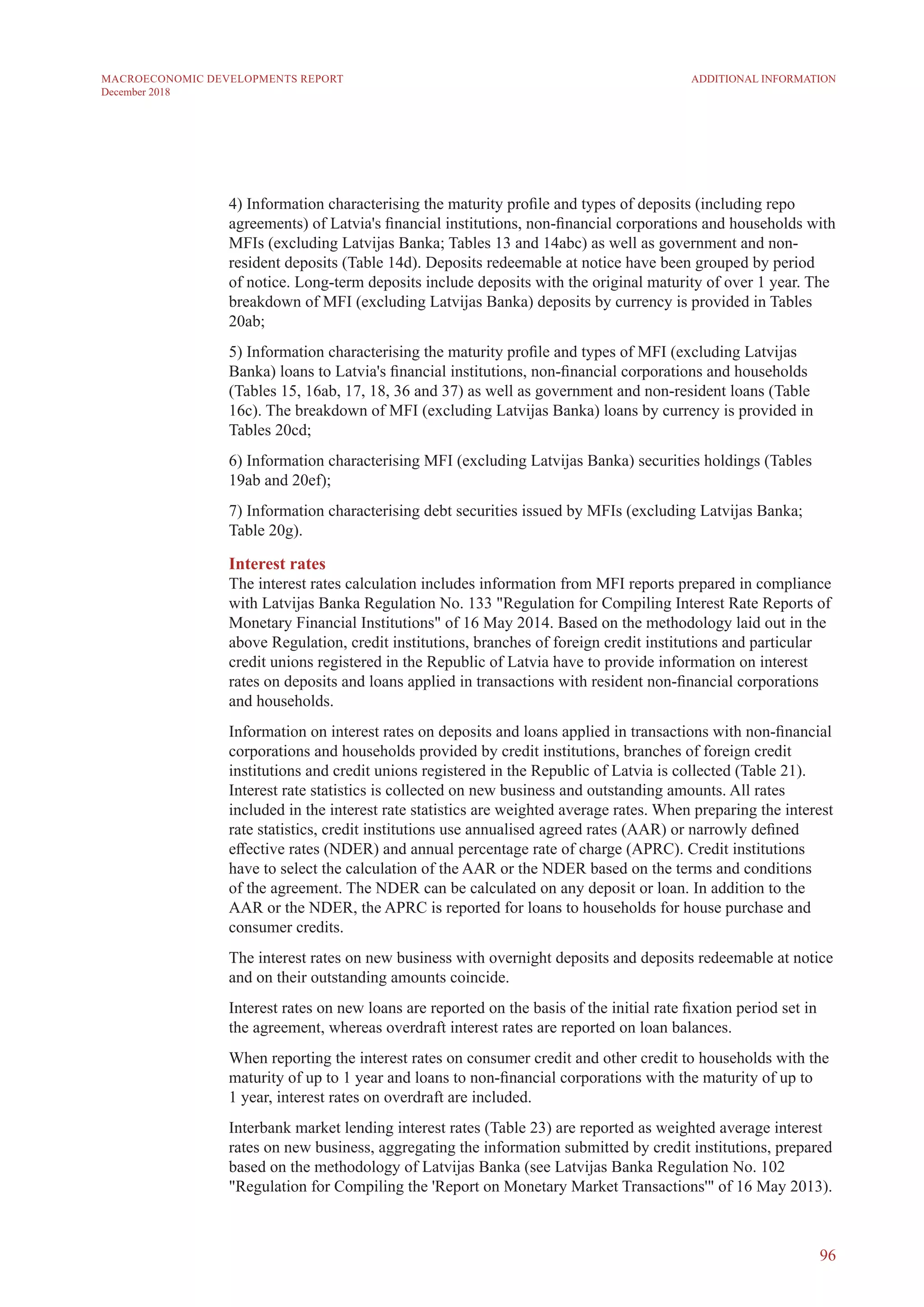 4) Information characterising the maturity profile and types of deposits (including repo
agreements) of Latvia's financial institutions, non-financial corporations and households with
MFIs (excluding Latvijas Banka; Tables 13 and 14abc) as well as government and non-
resident deposits (Table 14d). Deposits redeemable at notice have been grouped by period
of notice. Long-term deposits include deposits with the original maturity of over 1 year. The
breakdown of MFI (excluding Latvijas Banka) deposits by currency is provided in Tables
20ab;
5) Information characterising the maturity profile and types of MFI (excluding Latvijas
Banka) loans to Latvia's financial institutions, non-financial corporations and households
(Tables 15, 16ab, 17, 18, 36 and 37) as well as government and non-resident loans (Table
16c). The breakdown of MFI (excluding Latvijas Banka) loans by currency is provided in
Tables 20cd;
6) Information characterising MFI (excluding Latvijas Banka) securities holdings (Tables
19ab and 20ef);
7) Information characterising debt securities issued by MFIs (excluding Latvijas Banka;
Table 20g).
Interest rates
The interest rates calculation includes information from MFI reports prepared in compliance
with Latvijas Banka Regulation No. 133 "Regulation for Compiling Interest Rate Reports of
Monetary Financial Institutions" of 16 May 2014. Based on the methodology laid out in the
above Regulation, credit institutions, branches of foreign credit institutions and particular
credit unions registered in the Republic of Latvia have to provide information on interest
rates on deposits and loans applied in transactions with resident non-financial corporations
and households.
Information on interest rates on deposits and loans applied in transactions with non-financial
corporations and households provided by credit institutions, branches of foreign credit
institutions and credit unions registered in the Republic of Latvia is collected (Table 21).
Interest rate statistics is collected on new business and outstanding amounts. All rates
included in the interest rate statistics are weighted average rates. When preparing the interest
rate statistics, credit institutions use annualised agreed rates (AAR) or narrowly defined
effective rates (NDER) and annual percentage rate of charge (APRC). Credit institutions
have to select the calculation of the AAR or the NDER based on the terms and conditions
of the agreement. The NDER can be calculated on any deposit or loan. In addition to the
AAR or the NDER, the APRC is reported for loans to households for house purchase and
consumer credits.
The interest rates on new business with overnight deposits and deposits redeemable at notice
and on their outstanding amounts coincide.
Interest rates on new loans are reported on the basis of the initial rate fixation period set in
the agreement, whereas overdraft interest rates are reported on loan balances.
When reporting the interest rates on consumer credit and other credit to households with the
maturity of up to 1 year and loans to non-financial corporations with the maturity of up to
1 year, interest rates on overdraft are included.
Interbank market lending interest rates (Table 23) are reported as weighted average interest
rates on new business, aggregating the information submitted by credit institutions, prepared
based on the methodology of Latvijas Banka (see Latvijas Banka Regulation No. 102
"Regulation for Compiling the 'Report on Monetary Market Transactions'" of 16 May 2013).
96
ADDITIONAL INFORMATIONMACROECONOMIC DEVELOPMENTS REPORT
December 2018
 