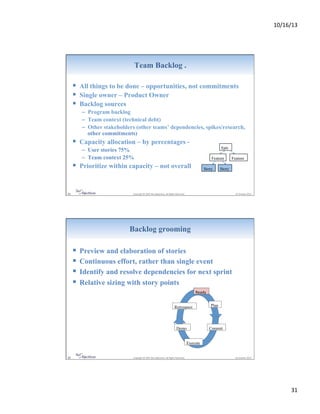 10/16/13&

Team Backlog .

!  All things to be done – opportunities, not commitments
!  Single owner – Product Owner
!  Backlog sources
–  Program backlog
–  Team context (technical debt)
–  Other stakeholders (other teams’ dependencies, spikes/research,
other commitments)

!  Capacity allocation – by percentages -

Epic&&

–  User stories 75%
–  Team context 25%

Feature

!  Prioritize within capacity – not overall

61&

Story

Feature

Story

&Copyright&©&2007&Net&Objec9ves.&All&Rights&Reserved.&&

&16&October&2013&

Backlog grooming

!  Preview and elaboration of stories
!  Continuous effort, rather than single event
!  Identify and resolve dependencies for next sprint
!  Relative sizing with story points
Ready&
Retrospect

Demo

Plan

Commit

Execute

62&

&Copyright&©&2007&Net&Objec9ves.&All&Rights&Reserved.&&

&16&October&2013&

31&

 