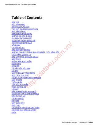 http://data4u.com
.vn/
Table of Contents
MỤC LỤC
MỘT TẤM LÒNG
BÌN( YÊN Ơ), VỀ ĐÂY
THỨ QUÝ NHẤT CỦA CUỘC ĐỜI
NHÀ TÂM LÍ HỌC
HẠN( P(ÚC ĐÍC( T(ỰC
NHỮNG CÁI CÂY BỊ ĐỐN
GIÁ TRỊ CỦA THỜI GIAN
NGÔI NHÀ TRONG BÓNG TỐI
CHIẾC VÒNG HOÀN HẢO
NỖI BUỒN
CHUYỆN VỀ MẸ
HÃY BIẾT QUÝ TRỌNG
NHỮNG VA ĐẬP VÔ TÌNH TẠO NÊN MỘT CUỘC SỐNG TỐT
CUỘC SỐNG QUANH TA
HÃY GIỮ TỪNG KHOẢNH KHẮC
NGƯỜI MÙ
MIẾNG MỒI NGUY HIỂM
NGỌN LỬA
ĐỐI DIỆN
TÔI SẼ LUÔN YÊU BẠN
CÁI TÁT
NGƯỜI THẮNG VÀ KẺ THUA
HỌC CÁCH THA THỨ
THÔNG CẢM VỚ) NGƯỜI PHẠM LỖI
ANH TIN EM
T(ÔNG Đ)ỆP
TẤM BÙA MAY MẮN
TRÊN ĐƯỜNG Đ)
LỜI THỀ
HÃY NHỚ ĐẾN TÔ) N(Ư T(Ế!
NGÔI NHÀ CỦA NGƯỜI THỢ MỘC
ĐẾN Ở CÙNG MẸ
TÌNH BÀ CHÁU
SỰ THẬT
MỘT Đ)ỀU ƯỚC
KHÓ CHỊU
CHÌA KHÓA MỞ CỬA HẠNH PHÚC
CHIẾC XE ĐẠP BẰNG ĐẤT SÉT
KHÓC
http://data4u.com.vn/ Tai mien phi Ebooks
http://data4u.com.vn/ Tai mien phi Ebooks
 