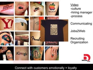 Connect with customers emotionally = loyalty Video -culture -hiring manager -process Communicating Jobs2Web Recruiting  Or...