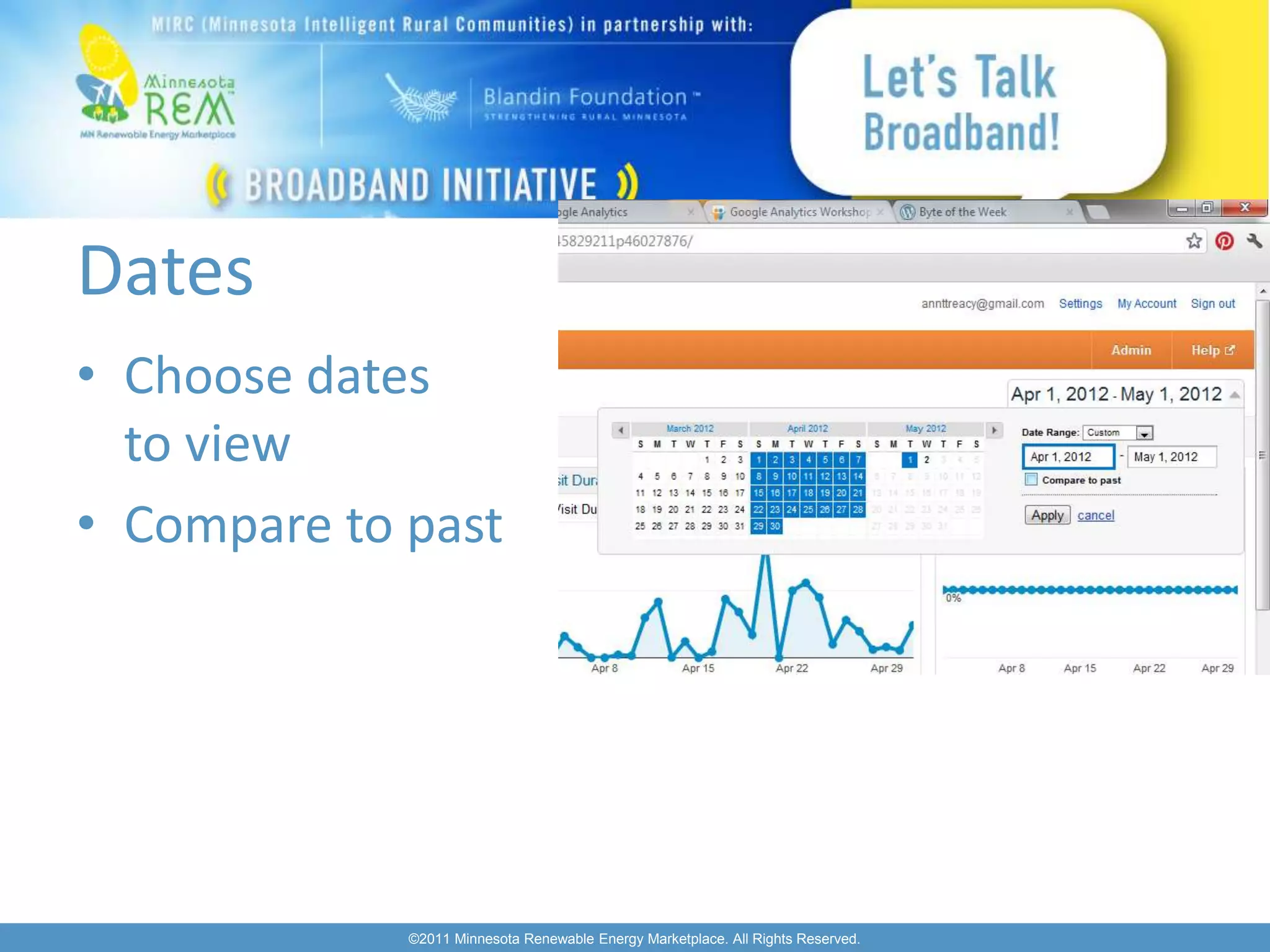Dates
• Choose dates
  to view
• Compare to past




             ©2011 Minnesota Renewable Energy Marketplace. All Rights Reserved.
 
