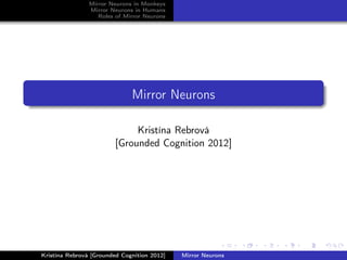 Mirror Neurons in Monkeys
Mirror Neurons in Humans
Roles of Mirror Neurons
Mirror Neurons
Kristína Rebrová
[Grounded Cognition 2012]
Kristína Rebrová [Grounded Cognition 2012] Mirror Neurons
 