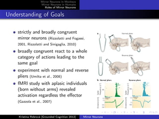 Mirror Neurons in Monkeys
Mirror Neurons in Humans
Roles of Mirror Neurons
Understanding of Goals
strictly and broadly congruent
mirror neurons (Rizzolatti and Fogassi,
2001, Rizzolatti and Sinigaglia, 2010)
broadly congruent react to a whole
category of actions leading to the
same goal
experiment with normal and reverse
pliers (Umilta et al., 2008)
fMRI study with aplasic individuals
(born without arms) revealed
activation regardless the eﬀector
(Gazzola et al., 2007)
Kristína Rebrová [Grounded Cognition 2012] Mirror Neurons
 
