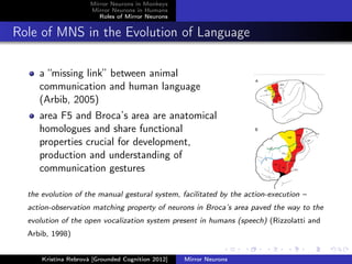 Mirror Neurons in Monkeys
Mirror Neurons in Humans
Roles of Mirror Neurons
Role of MNS in the Evolution of Language
a “missing link” between animal
communication and human language
(Arbib, 2005)
area F5 and Broca’s area are anatomical
homologues and share functional
properties crucial for development,
production and understanding of
communication gestures
the evolution of the manual gestural system, facilitated by the action-execution –
action-observation matching property of neurons in Broca’s area paved the way to the
evolution of the open vocalization system present in humans (speech) (Rizzolatti and
Arbib, 1998)
Kristína Rebrová [Grounded Cognition 2012] Mirror Neurons
 