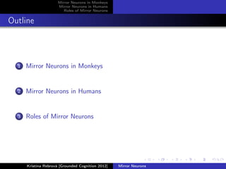 Mirror Neurons in Monkeys
Mirror Neurons in Humans
Roles of Mirror Neurons
Outline
1 Mirror Neurons in Monkeys
2 Mirror Neurons in Humans
3 Roles of Mirror Neurons
Kristína Rebrová [Grounded Cognition 2012] Mirror Neurons
 