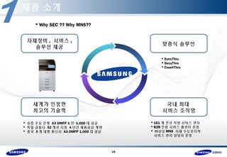 15 
제품 소개 
자체장비, 서비스, 
솔루션 제공 맞춤식 솔루션 
세계가 인정한 
최고의 기술력 
국내 최대 
서비스 조직망 
 Why SEC ?? Why MNS?? 
 SyncThru 
 SecuThru 
 CountThru 
 유럽 주요 은행 A3 DMFP 1 만 1,000 대 공급 
 독일 금융사 52 개국 지점 4 년간 제품공급 계약 
 중국 3 개 대형 통신사 A3 DMFP 1,000 대 공급 
 161 개 전국 직영 서비스 센터 
 B2B전용 서비스 콜센터 운영 
 ㈜삼성MNS 자체 수도권지역 
서비스 관리 담당자 운영 
 