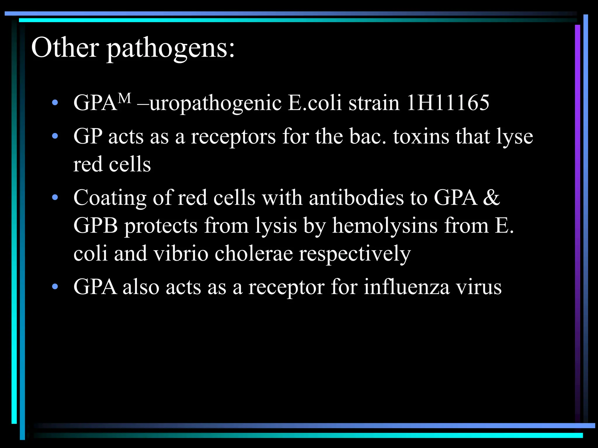 Other pathogens:
• GPAM –uropathogenic E.coli strain 1H11165
• GP acts as a receptors for the bac. toxins that lyse
red cells
• Coating of red cells with antibodies to GPA &
GPB protects from lysis by hemolysins from E.
coli and vibrio cholerae respectively
• GPA also acts as a receptor for influenza virus
 