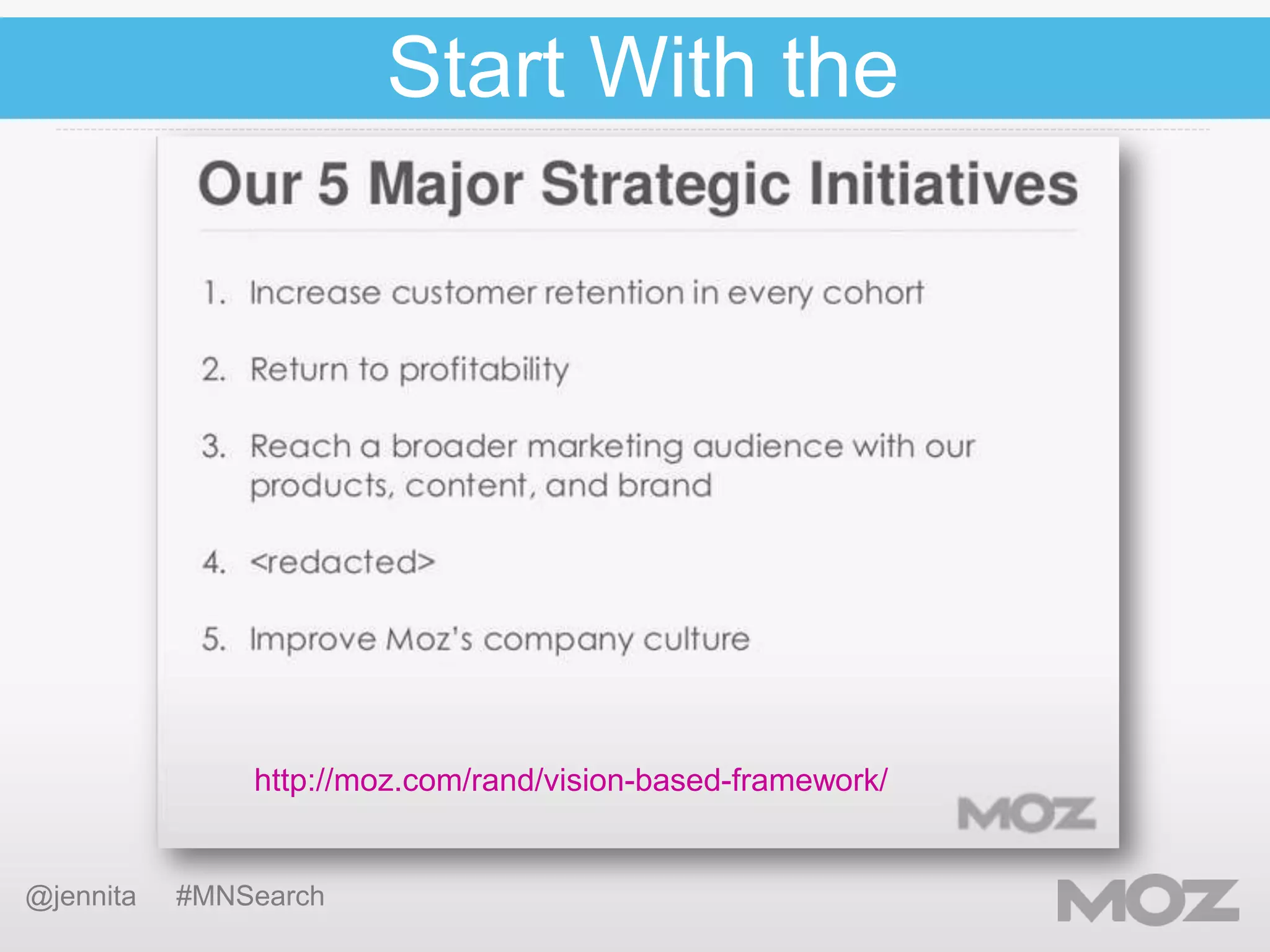 Start With the
Organization’s Goals

http://moz.com/rand/vision-based-framework/

@jennita

#MNSearch

 