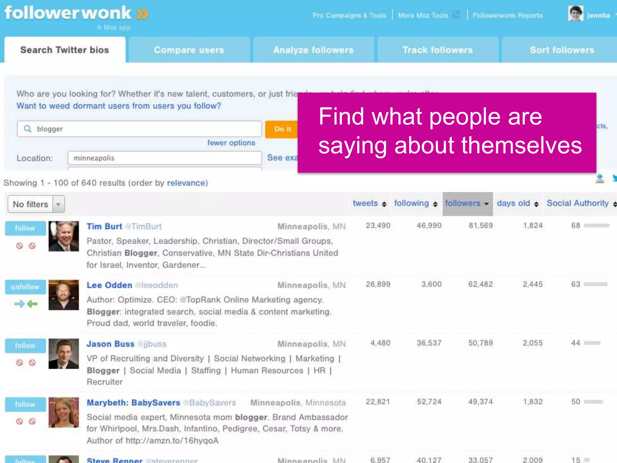 Find what people are
saying about themselves

@jennita

#MNSearch

 