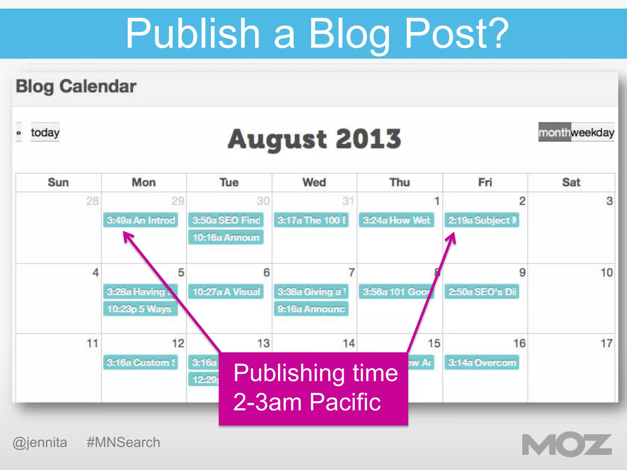 Publish a Blog Post?

Publishing time
2-3am Pacific
@jennita

#MNSearch

 