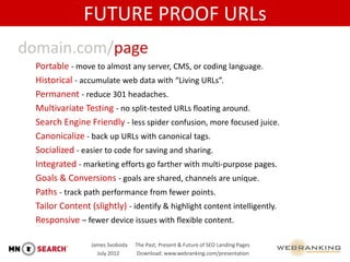 FUTURE PROOF URLs
domain.com/page
  Portable - move to almost any server, CMS, or coding language.
  Historical - accumula...