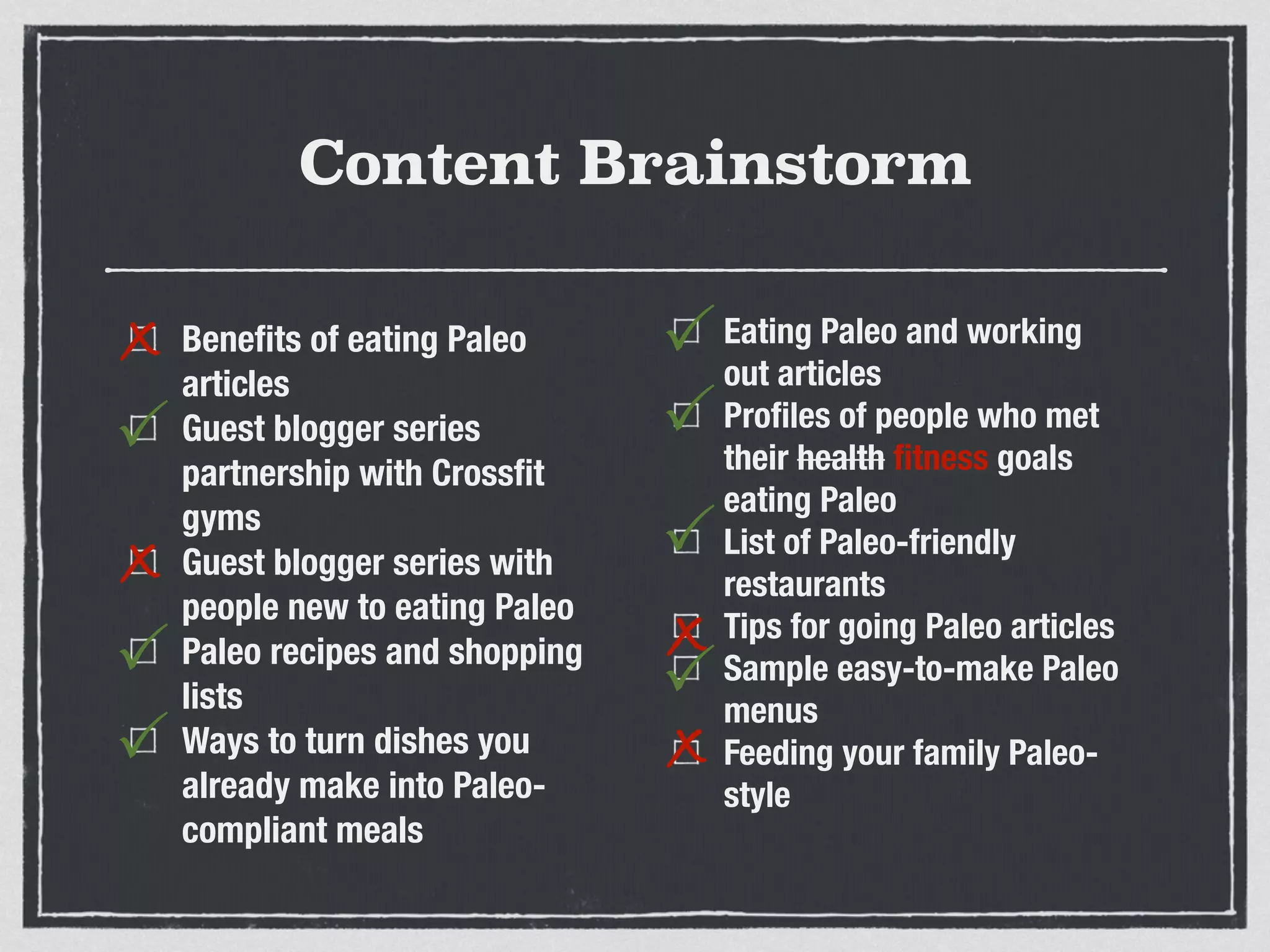 Content Brainstorm
Beneﬁts of eating Paleo
articles
Guest blogger series
partnership with Crossﬁt
gyms
Guest blogger series with
people new to eating Paleo
Paleo recipes and shopping
lists
Ways to turn dishes you
already make into Paleo-
compliant meals
Eating Paleo and working
out articles
Proﬁles of people who met
their health ﬁtness goals
eating Paleo
List of Paleo-friendly
restaurants
Tips for going Paleo articles
Sample easy-to-make Paleo
menus
Feeding your family Paleo-
style
x
P
x
P
P
P
P
x
x
P
P
 