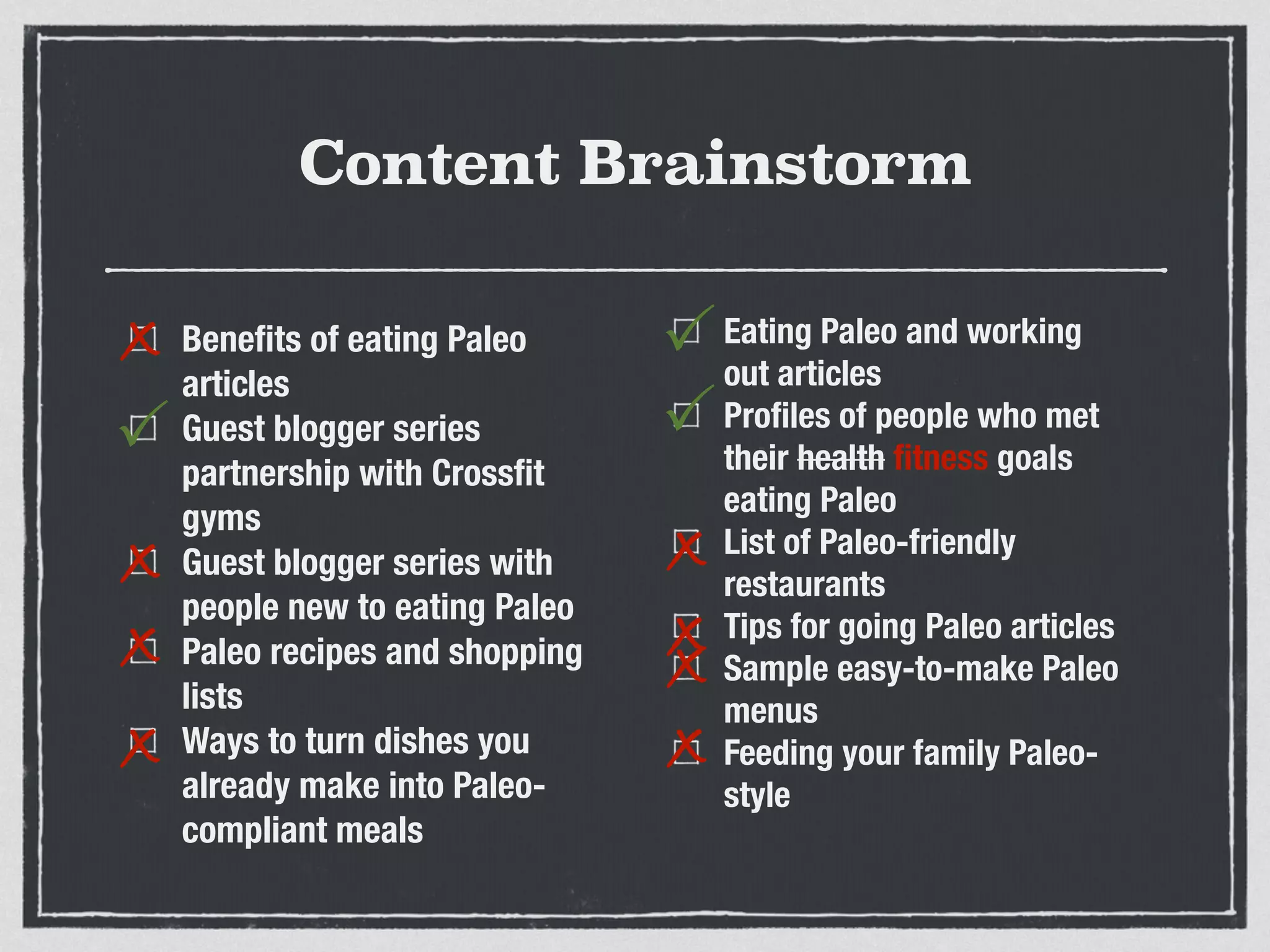 Content Brainstorm
Beneﬁts of eating Paleo
articles
Guest blogger series
partnership with Crossﬁt
gyms
Guest blogger series with
people new to eating Paleo
Paleo recipes and shopping
lists
Ways to turn dishes you
already make into Paleo-
compliant meals
Eating Paleo and working
out articles
Proﬁles of people who met
their health ﬁtness goals
eating Paleo
List of Paleo-friendly
restaurants
Tips for going Paleo articles
Sample easy-to-make Paleo
menus
Feeding your family Paleo-
style
x
P
x
P
P
x
x
x
x
x
x
 