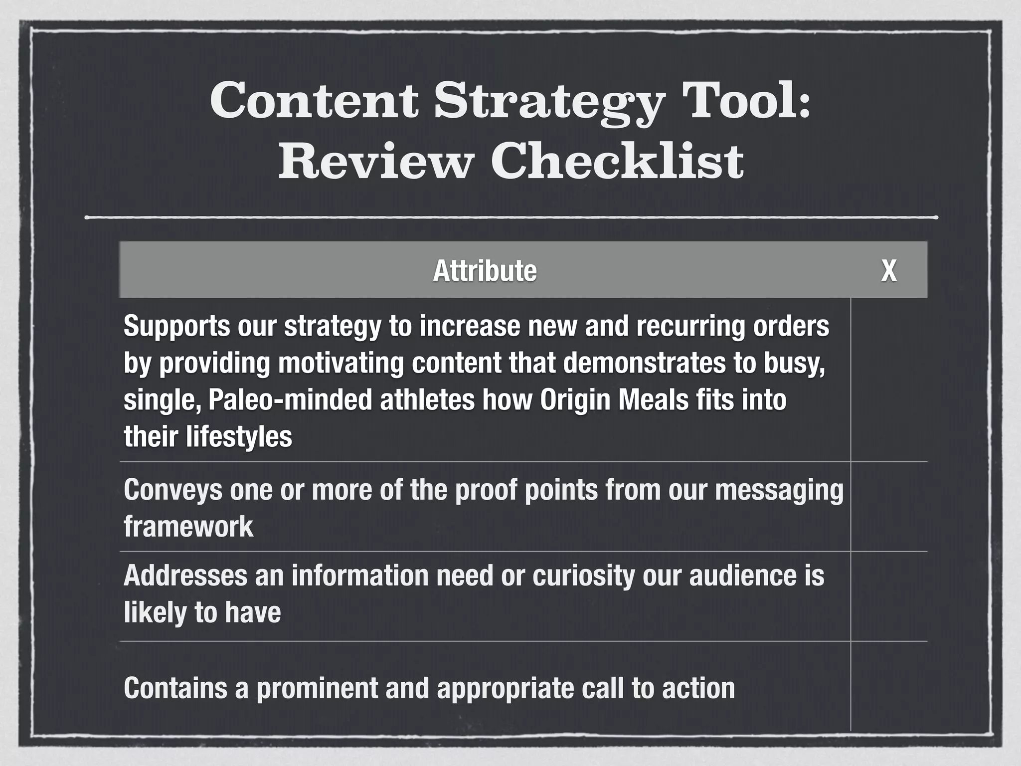 Content Strategy Tool:
Review Checklist
Attribute X
Supports our strategy to increase new and recurring orders
by providing motivating content that demonstrates to busy,
single, Paleo-minded athletes how Origin Meals ﬁts into
their lifestyles
Conveys one or more of the proof points from our messaging
framework
Addresses an information need or curiosity our audience is
likely to have
Contains a prominent and appropriate call to action
 