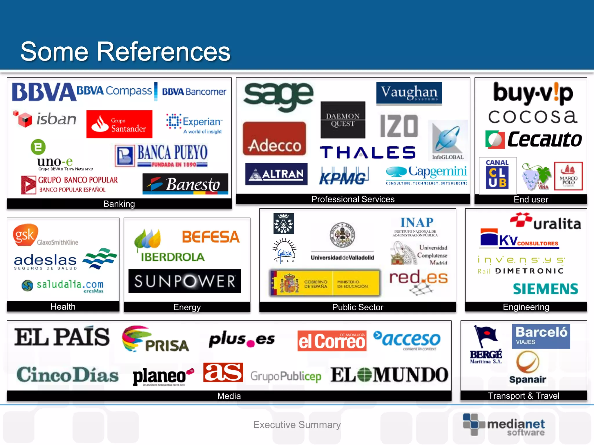 Professional Services         End user
         Banking




Health             Energy                           Public Sector         Engineering




                            Media                                      Transport & Travel


                                    Executive Summary
 