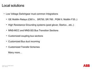 Local solutions
© BU 3101 Low Voltage Systems
9/6/17 | Slide 28
• Low Voltage Switchgear must common Integrations
• GE Multilin Relays (C60´s , SR750, SR 760 , PQM II, Multilin F35..)
• High Resistance Grounding systems (post glover, Startco…etc..)
• MNS-MCC and MNS-SG Bus Transition Sections
• Customized coupling bus sections
• Customized Bus duct incoming
• Customized Transfer Schemes
Many more…
 
