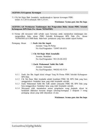 LurizanIrza/sUpibg/skdala
AGENDA 5.0 Laporan Kewangan
5.1 Cik Siti Hajar Binti Jamaludin membentangkan laporan kewangan PIBG
terkini (4.3.2015) sebanyak RM 5,253.61.
Makluman: Semua guru dan ibu bapa
AGENDA 6.0 Pertukaran Tandatangan dan Pengesahan Buku Akaun PIBG Sekolah
Kebangsaan RPS Dala (No. Akaun 7029645985)
6.1 Semua ahli mesyuarat telah sebulat suara bersetuju untuk menukarkan tandatangan dan
mengesahkan buku akaun PIBG Sekolah Kebangsaan RPS Dala (No. Akaun
7029645985) di CIMB Bank. Butir-butir pertukaran yang baru adalah seperti berikut:
Pemegang Akaun : 1. Encik Jais bin Angah
Jawatan: Yang Di Pertua
No. Kad Pengenalan: 720907-08-6531
2. Cik Siti Hajar Binti Jamaludin
Jawatan: Bendahari
No. Kad Pengenalan: 901128-08-6922
3. Encik Muhammad Subhi Bin Talib
Jawatan: Setiausaha
No. Kad Pengenalan: 900202-02-5139
6.1.1 Encik Jais Bin Angah kekal sebagai Yang Di Pertua PIBG Sekolah Kebangsaan
RPS Dala.
6.1.2 Cik Siti Hajar Binti Jamaludin adalah bendahari PIBG SK RPS Dala yang baru
menggantikan bendahari lama yang telah berpindah sekolah.
6.1.3 Encik Muhammad Subhi Bin Talib adalah setiausaha PIBG SK RPS Dala yang
baru menggantikan bendahari lama yang telah berpindah sekolah.
6.1.4 Mesyuarat telah memutuskan urusan pengeluaran wang daripada akaun ini
hendaklah dilakukan bersama dengan sekurang-kurangnya 2 daripada 3 orang
pemegang akaun yang telah dinyatakan di atas.
Makluman: Semua guru dan ibu bapa
 