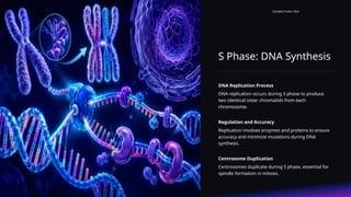 S Phase: DNA Synthesis
Sample Footer Text
DNA Replication Process
DNA replication occurs during S phase to produce
two identical sister chromatids from each
chromosome.
Regulation and Accuracy
Replication involves enzymes and proteins to ensure
accuracy and minimize mutations during DNA
synthesis.
Centrosome Duplication
Centrosomes duplicate during S phase, essential for
spindle formation in mitosis.
 