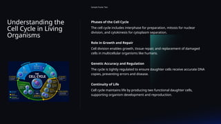 Understanding the
Cell Cycle in Living
Organisms
Sample Footer Text
Phases of the Cell Cycle
The cell cycle includes interphase for preparation, mitosis for nuclear
division, and cytokinesis for cytoplasm separation.
Role in Growth and Repair
Cell division enables growth, tissue repair, and replacement of damaged
cells in multicellular organisms like humans.
Genetic Accuracy and Regulation
The cycle is tightly regulated to ensure daughter cells receive accurate DNA
copies, preventing errors and disease.
Continuity of Life
Cell cycle maintains life by producing two functional daughter cells,
supporting organism development and reproduction.
 