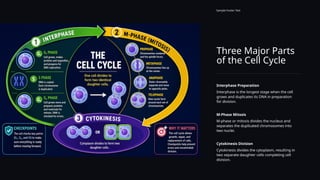 Three Major Parts
of the Cell Cycle
Sample Footer Text
Interphase Preparation
Interphase is the longest stage when the cell
grows and duplicates its DNA in preparation
for division.
M-Phase Mitosis
M-phase or mitosis divides the nucleus and
separates the duplicated chromosomes into
two nuclei.
Cytokinesis Division
Cytokinesis divides the cytoplasm, resulting in
two separate daughter cells completing cell
division.
 