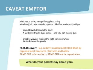 CAVEAT EMPTOR Matches, a knife, a magnifying glass, string Wireless junk, Morse-code tappers, old rifles, various cartridges  Sound travels through the body A .22 bullet travels over a mile – and you can make a gun Creative ways of making the light come on when  Santa delivers the goods Ph.D. Discovery :  U.S. is BOTH enabled AND HELD BACK by organizational structures, strictures and habits –  SAME OLD reform efforts, SAME OLD matrix organization What do your pockets say about you? 