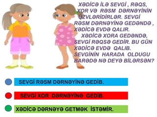 XƏDİCƏ İLƏ SEVGİ , RƏQS, 
XOR VƏ RƏSM DƏRNƏYİNİN 
ÜZVLƏRİDİRLƏR. SEVGİ 
RƏSM DƏRNƏYİNƏ GEDƏNDƏ , 
XƏDİCƏ EVDƏ QALIR. 
XƏDİCƏ XORA GEDƏNDƏ, 
SEVGİ RƏQSƏ GEDİR. BU GÜN 
XƏDİCƏ EVDƏ QALIB. 
SEVGİNİN HARADA OLDUGU 
BARƏDƏ NƏ DEYƏ BİLƏRSƏN? 
SEVGİ RƏSM DƏRNƏYİNƏ GEDİB. . 
SEVGİ XOR DƏRNƏYİNƏ GEDİB. 
XƏDİCƏ DƏRNƏYƏ GETMƏK İSTƏMİR. 
 