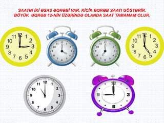 SAATIN İKİ ƏSAS ƏQRƏBİ VAR. KİCİK ƏQRƏB SAATI GÖSTƏRİR. 
BÖYÜK ƏQRƏB 12-NİN ÜZƏRİNDƏ OLANDA SAAT TAMAMAM OLUR. 
 