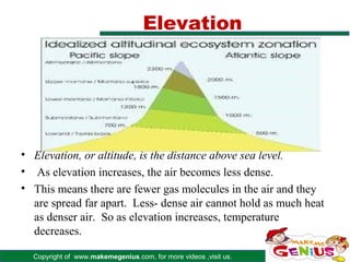 Elevation




• Elevation, or altitude, is the distance above sea level.
• As elevation increases, the air becomes less dense.
• This means there are fewer gas molecules in the air and they
  are spread far apart. Less- dense air cannot hold as much heat
  as denser air. So as elevation increases, temperature
  decreases.

  Copyright of www.makemegenius.com, for more videos ,visit us.
 