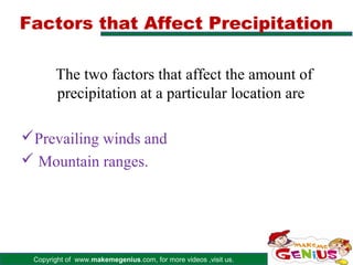 Factors that Affect Precipitation

       The two factors that affect the amount of
       precipitation at a particular location are

Prevailing winds and
 Mountain ranges.




 Copyright of www.makemegenius.com, for more videos ,visit us.
 