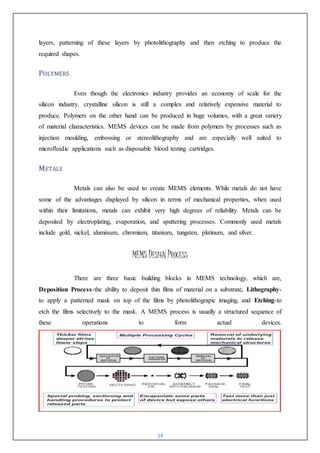 14
layers, patterning of these layers by photolithography and then etching to produce the
required shapes.
POLYMERS
Even though the electronics industry provides an economy of scale for the
silicon industry, crystalline silicon is still a complex and relatively expensive material to
produce. Polymers on the other hand can be produced in huge volumes, with a great variety
of material characteristics. MEMS devices can be made from polymers by processes such as
injection moulding, embossing or stereolithography and are especially well suited to
microfluidic applications such as disposable blood testing cartridges.
METALS
Metals can also be used to create MEMS elements. While metals do not have
some of the advantages displayed by silicon in terms of mechanical properties, when used
within their limitations, metals can exhibit very high degrees of reliability. Metals can be
deposited by electroplating, evaporation, and sputtering processes. Commonly used metals
include gold, nickel, aluminum, chromium, titanium, tungsten, platinum, and silver.
MEMS DESIGN PROCESS
There are three basic building blocks in MEMS technology, which are,
Deposition Process-the ability to deposit thin films of material on a substrate, Lithography-
to apply a patterned mask on top of the films by photolithograpic imaging, and Etching-to
etch the films selectively to the mask. A MEMS process is usually a structured sequence of
these operations to form actual devices.
 