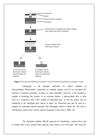 26
Figure 2: a) Pattern definition in positive resist, b) Pattern definition in negative resist.
Lithography is the principal mechanism for pattern definition in
micromachining. Photosensitive compounds are primarily organic, and do not encompass the
spectrum of materials properties of interest to micro-machinists. However, as the technique is
capable of producing fine features in an economic fashion, a photosensitive layer is often
used as a temporary mask when etching an underlying layer, so that the pattern may be
transferred to the underlying layer (shown in figure 3a). Photoresist may also be used as a
template for patterning material deposited after lithography (shown in figure 3b). The resist is
subsequently etched away, and the material deposited on the resist is "lifted off".
The deposition template (lift-off) approach for transferring a pattern from resist
to another layer is less common than using the resist pattern as an etch mask. The reason for
 