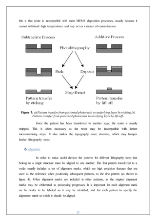 27
this is that resist is incompatible with most MEMS deposition processes, usually because it
cannot withstand high temperatures and may act as a source of contamination.
Figure 3: a) Pattern transfer from patterned photoresist to underlying layer by etching, b)
Pattern transfer from patterned photoresist to overlying layer by lift-off.
Once the pattern has been transferred to another layer, the resist is usually
stripped. This is often necessary as the resist may be incompatible with further
micromachining steps. It also makes the topography more dramatic, which may hamper
further lithography steps.
 Alignment:
In order to make useful devices the patterns for different lithography steps that
belong to a single structure must be aligned to one another. The first pattern transferred to a
wafer usually includes a set of alignment marks, which are high precision features that are
used as the reference when positioning subsequent patterns, to the first pattern (as shown in
figure 4). Often alignment marks are included in other patterns, as the original alignment
marks may be obliterated as processing progresses. It is important for each alignment mark
on the wafer to be labeled so it may be identified, and for each pattern to specify the
alignment mark to which it should be aligned.
 