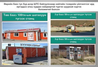 Төв бааз 100тн-ын шатахуун
түгээх станц
Өөрийн бааз тус бүр дээр ШТС байгуулснаар нийтийн тээврийн үйлчилгээг ард
иргэддээ илүү хурдан найдвартай түргэн шуурхай хүргэх
боломжтой болсон
3-р бааз 50тн-ын шатахуун түгээх
станц
2-р бааз 50тн-ын шатахуун түгээх
станц
 