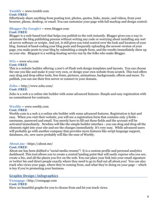 8
Tumblr – www.tumblr.com
Cost: FREE
Effortlessly share anything from posting text, photos, quotes, links, music, and videos, from your
browser, phone, desktop, or email. You can customize your page with full markup and design control.
Blogger (by Google) – www.blogger.com
Cost: FREE
Blogger is a web-based tool that helps you publish to the web instantly. Blogger gives you a way to
automate the blog publishing process without writing any code or worrying about installing any sort
of server software or scripts. And yet, it still gives you total control over the look and location of your
blog. Instead of hand-coding your blog posts and frequently uploading the newest version of your
page, you make posts to your blog by submitting a simple form, and the results immediately show up
on your site. Blogspot is a weblog-hosting service run by the folks who make Blogger.
Wix – www.wix.com
Cost: FREE
This is a website builder offering 1,000’s of Flash web design templates and layouts. You can choose
the one you like and make it your very own, or design your own website from scratch. This tool offers
easy drag and drop editor tools, free fonts, pictures, animations, backgrounds, effects and more. To
publish, you can use their free server or connect to your domain.
Zoho – http://www.zoho.com/
Cost: FREE
Zoho is a web 2.0 online site builder with some advanced features. Simple and easy registration with
no commitment for contracts.
Weebly – www.weebly.com
Cost: FREE
Weebly.com is a web 2.0 online site builder with some advanced features. Registration is fast and
easy. When you visit their website, you will see a registration form that contains only 3 fields -
username, password and email. You merely have to fill out these fields and the account will be
activated immediately. Newbies will like the simple builder interface - you can drag and drop all the
elements right into your site and see the changes immediately. It’s very easy. While advanced users
will probably go with another company that provides more features like script language support,
databases, etc, new users probably will like the ease of Weebly.
About.me - https://about.me/
Cost: FREE
About.me has been dubbed a “social media resume”! It is a custom profile and personal analytics
dashboard. This tool allows you to create a central landing point that will easily express who you are,
create a bio, and all the places you live on the web. You can place your link into your email signature
or twitter bio and direct people exactly where they need to go to find out all about.you! You can also
track who views your page, where they’re coming from, and what they’re doing on your page – which
is key if you’re promoting your business.
Graphic Design | Infographics_________________________________________
Venngage - http://venngage.com
Cost: FREE
Have 20 beautiful graphs for you to choose from and let you track views.
 