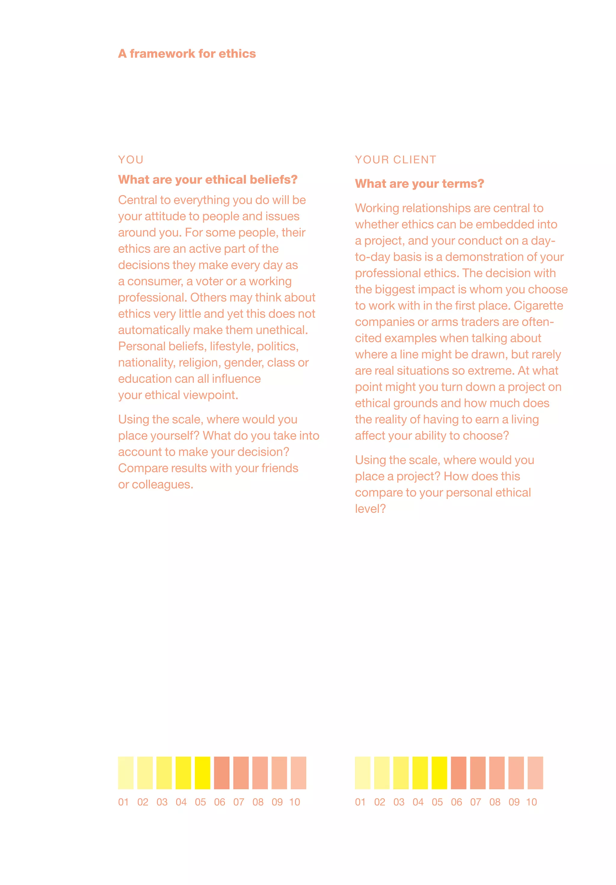 YOU
What are your ethical beliefs?
Central to everything you do will be
your attitude to people and issues
around you. For some people, their
ethics are an active part of the
decisions they make every day as
a consumer, a voter or a working
professional. Others may think about
ethics very little and yet this does not
automatically make them unethical.
Personal beliefs, lifestyle, politics,
nationality, religion, gender, class or
education can all inﬂuence
your ethical viewpoint.
Using the scale, where would you
place yourself? What do you take into
account to make your decision?
Compare results with your friends
or colleagues.
YOUR CLIENT
What are your terms?
Working relationships are central to
whether ethics can be embedded into
a project, and your conduct on a day-
to-day basis is a demonstration of your
professional ethics. The decision with
the biggest impact is whom you choose
to work with in the ﬁrst place. Cigarette
companies or arms traders are often-
cited examples when talking about
where a line might be drawn, but rarely
are real situations so extreme. At what
point might you turn down a project on
ethical grounds and how much does
the reality of having to earn a living
affect your ability to choose?
Using the scale, where would you
place a project? How does this
compare to your personal ethical
level?
01 02 03 04 05 06 07 08 09 10 01 02 03 04 05 06 07 08 09 10
A framework for ethics
 