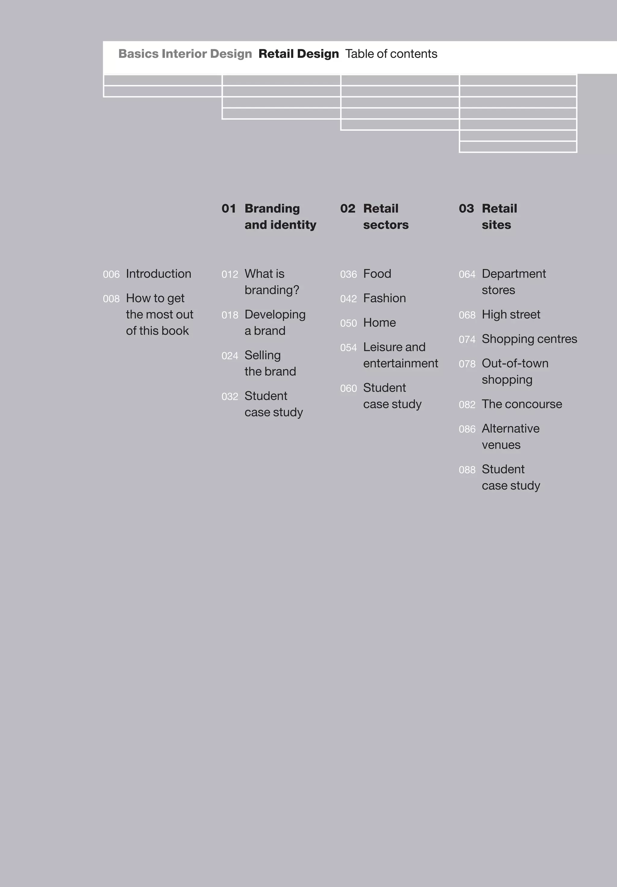 Basics Interior Design Retail Design Table of contents
006 Introduction
008 How to get
the most out
of this book
01 Branding
and identity
012 What is
branding?
018 Developing
a brand
024 Selling
the brand
032 Student
case study
02 Retail
sectors
036 Food
042 Fashion
050 Home
054 Leisure and
entertainment
060 Student
case study
03 Retail
sites
064 Department
stores
068 High street
074 Shopping centres
078 Out-of-town
shopping
082 The concourse
086 Alternative
venues
088 Student
case study
 