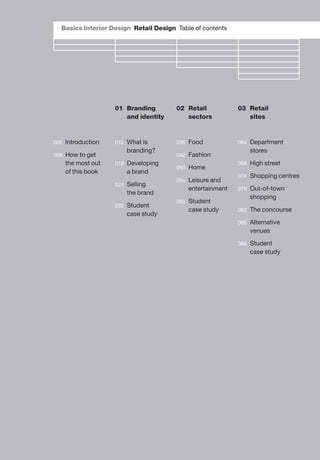 Basics Interior Design Retail Design Table of contents
006 Introduction
008 How to get
the most out
of this book
01 Brandi...