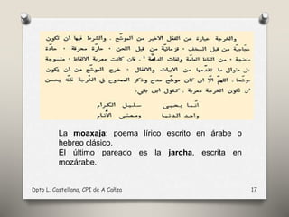 Dpto L. Castellana, CPI de A Cañza 17
La moaxaja: poema lírico escrito en árabe o
hebreo clásico.
El último pareado es la jarcha, escrita en
mozárabe.
 