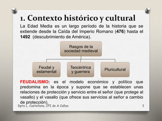 1. Contexto histórico y cultural
La Edad Media es un largo período de la historia que se
extiende desde la Caída del Imperio Romano (476) hasta el
1492 (descubrimiento de América).
FEUDALISMO: es el modelo económico y político que
predomina en la época y supone que se establecen unas
relaciones de protección y servicio entre el señor (que protege al
vasallo) y el vasallo (que ofrece sus servicios al señor a cambio
de protección).
Rasgos de la
sociedad medieval
Feudal y
estamental
Teocéntrica
y guerrera
Pluricultural
Dpto L. Castellana, CPI de A Cañza 3
 