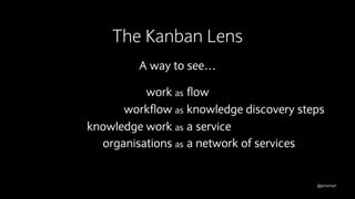 @jonsmart
The Kanban Lens
A way to see…
work as
workflow as
knowledge work as
organisations as
flow
knowledge discovery steps
a service
a network of services
 